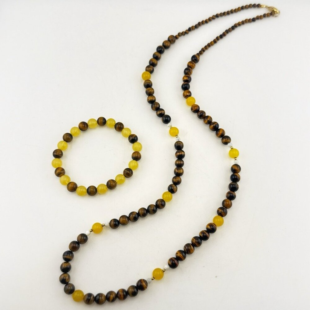 Lee Sands Necklace Bracelet Set Tigers Eye Gemstone Yellow Opal Beaded QVC Boho